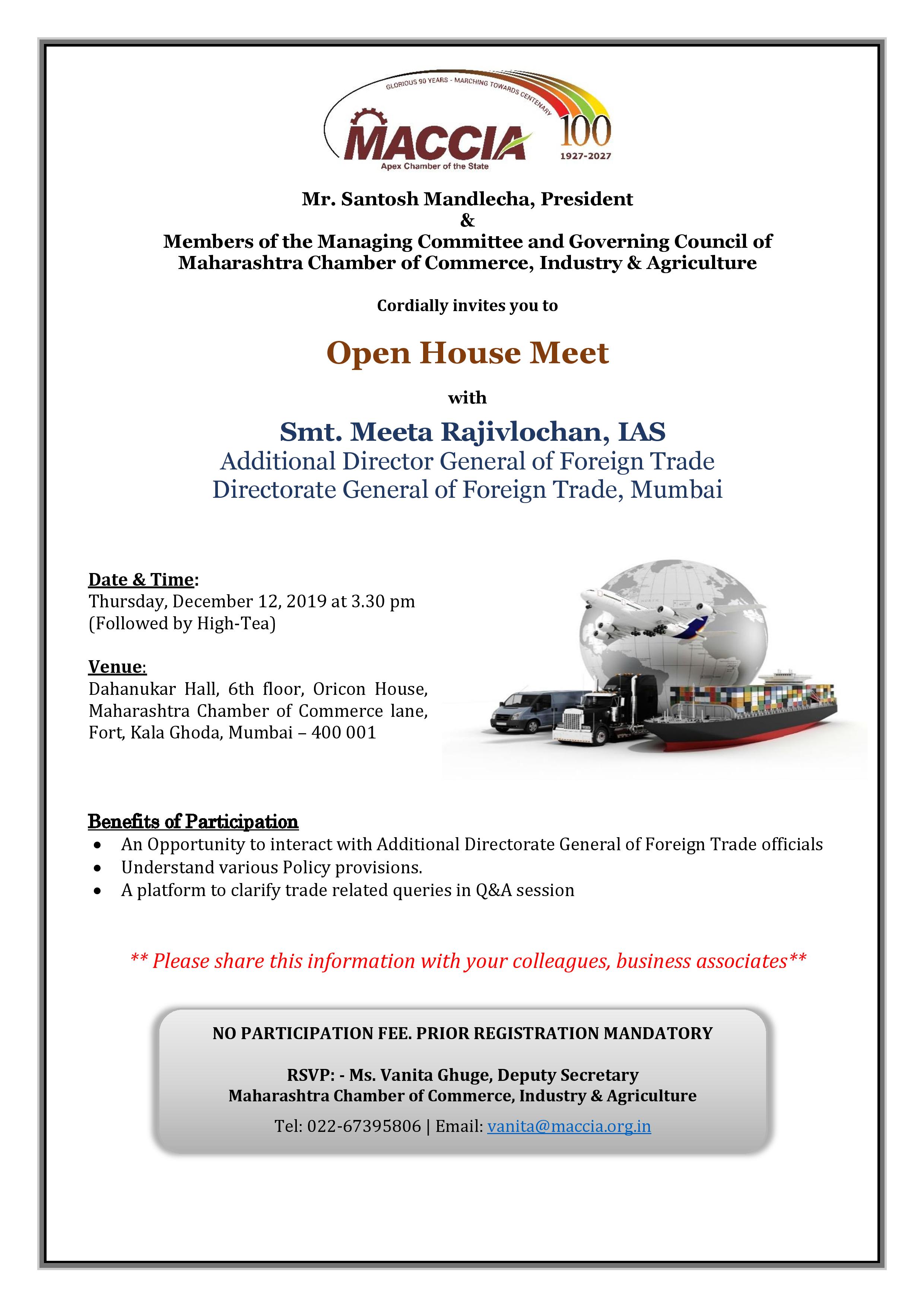  Invitation to attend 'Open House Meet with Directorate General of Foreign Trade' on December 12, 2019 at MACCIA Mumbai office.