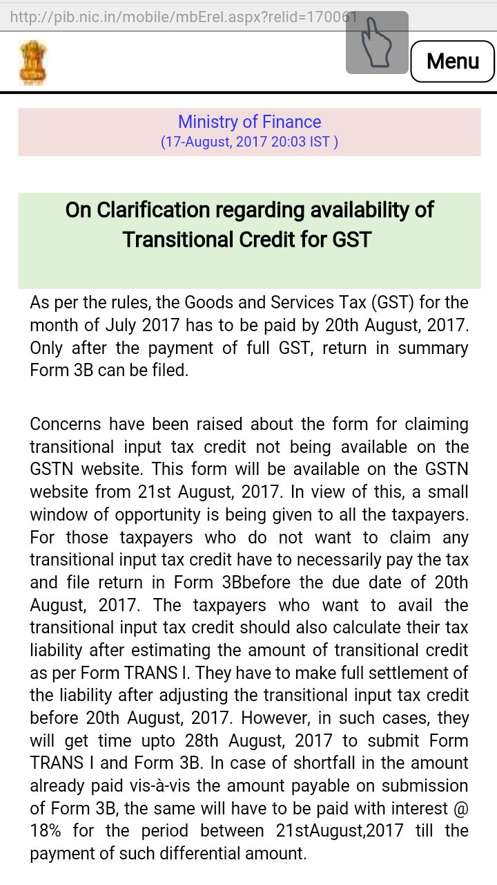  Clarification regarding availability of Transitional Credit for GST-  GST deadline to file returns extended by CBEC to 28th August, 2017