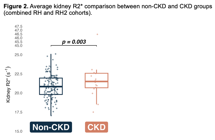Average kidney R2* comparison between non-CKD and CKD groups (combined RH and RH2 cohorts).
