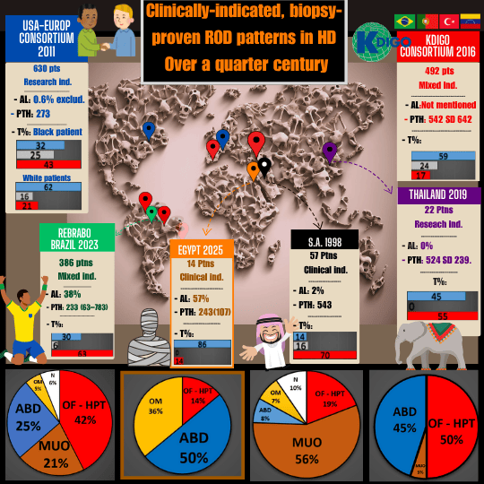 Figure 2: T:turnover distribution (blue: low, grey: average, red: high), S.A:  Saudi Arabia, REBRABO: The Brazilian Registry of Bone Biopsy, OM: Osteomalacia, ABD: Adynamic bone disease, HPT: hyperparathyroidism, OF: Osteitis fibrosa, MUO: Mixed uremic osteodystrophy