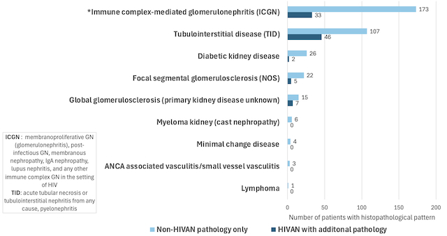 Figure 3. Clustered bar chart showing spectrum of non-HIVAN kidney pathology