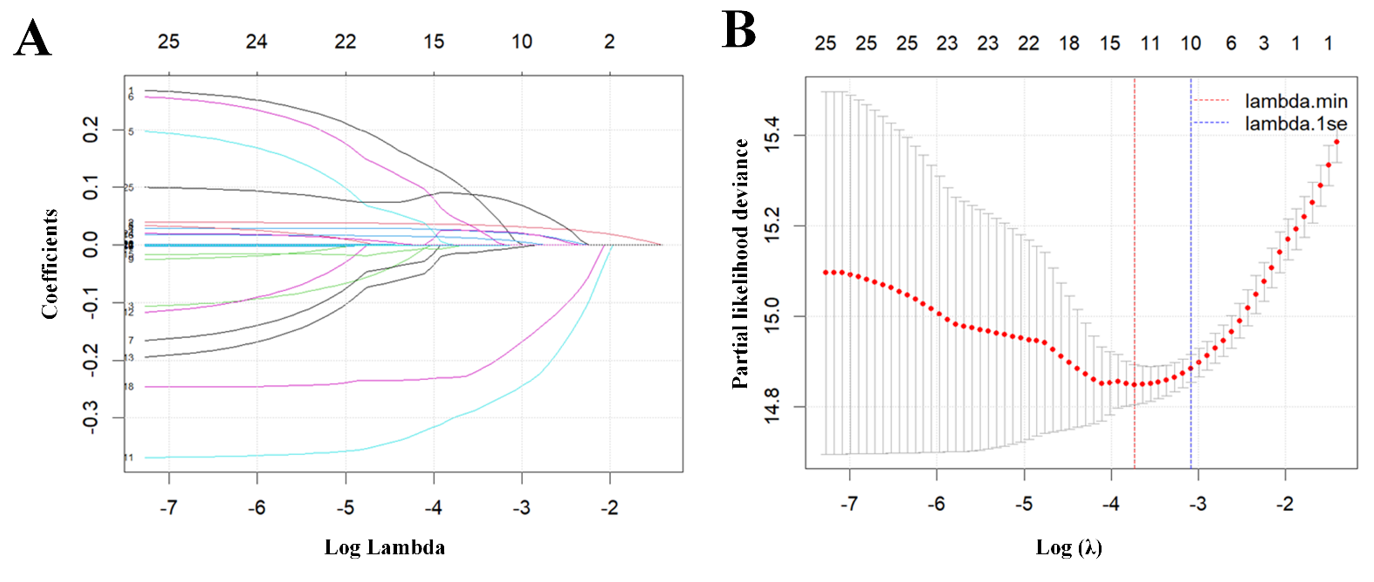 Figure 1 Lasso regression-based variable screening. A. Variation characteristics of variable coefficients; B. The process of selecting the optimal value of the parameter λ in the lasso regression model is carried out by the cross-validation method