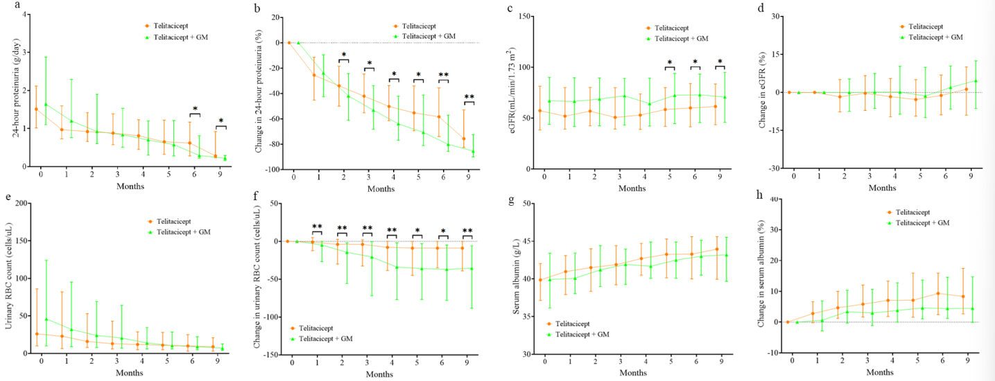 Figure 2: 24-hour proteinuria, eGFR, urinary RBC count and serum albumin from baseline in the telitacicept + GM group and the telitacicept group at follow-up. (a) 24-hour proteinuria; (b) the change in 24-hour proteinuria; (c) eGFR; (d) the change in eGFR; (e) urinary RBC count; (f) the change in urinary RBC count; (g) Serum albumin; (h) the change in Serum albumin. The median and IQR are shown. *P < 0.05, **P < 0.01.