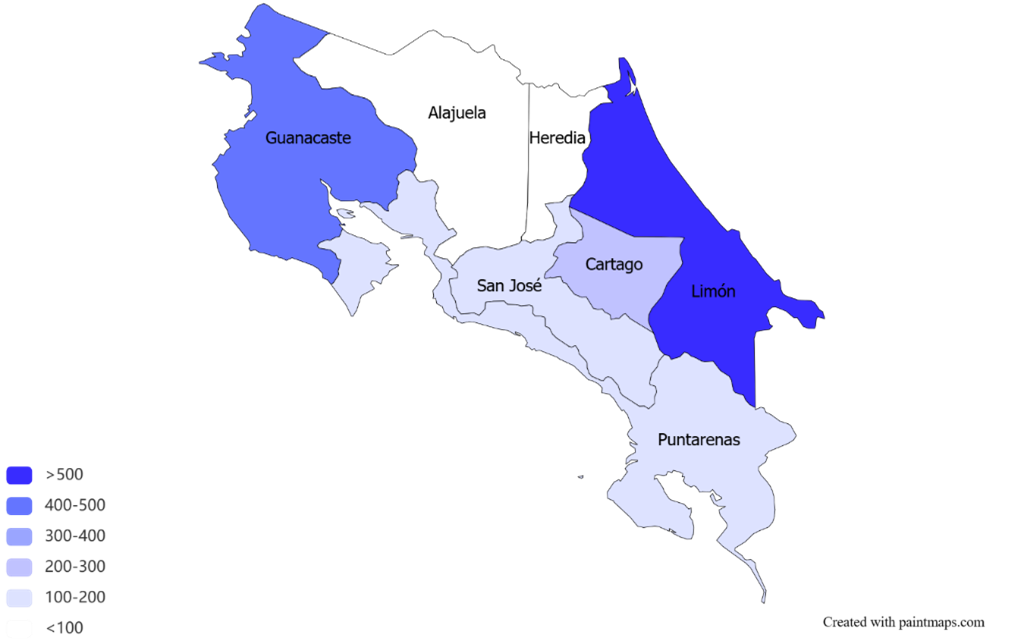 Figure. Geographic differences in age- and sex-adjusted incident rates of chronic kidney disease in Costa Rica