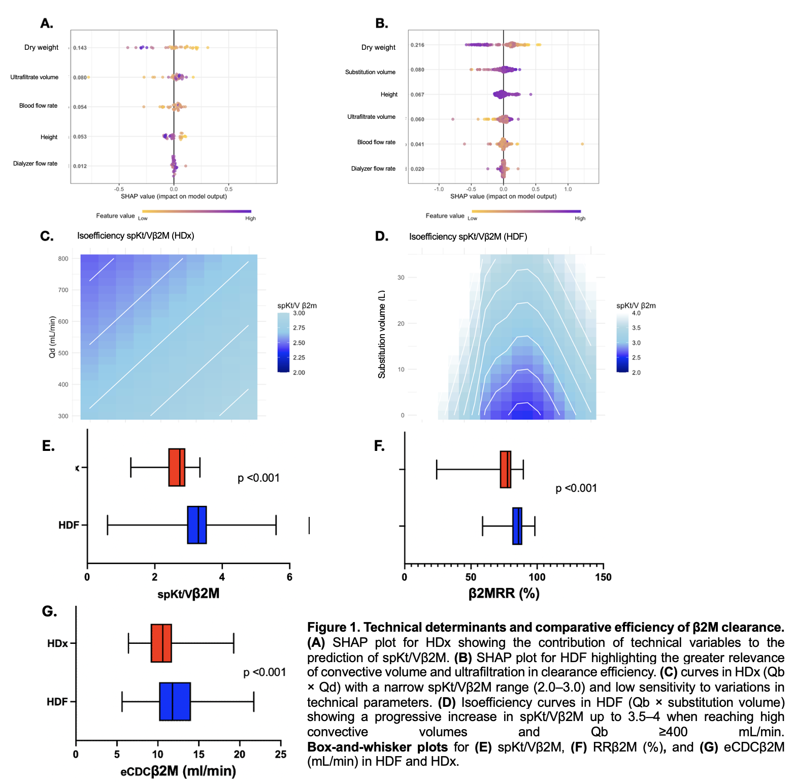 Figure 1. Technical determinants and comparative efficiency of β2M clearance. (A) SHAP plot for HDx showing the contribution of technical variables to the prediction of spKt/Vβ2M. (B) SHAP plot for HDF highlighting the greater relevance of convective volume and ultrafiltration in clearance efficiency. (C) curves in HDx (Qb × Qd) with a narrow spKt/Vβ2M range (2.0–3.0) and low sensitivity to variations in technical parameters. (D) Isoefficiency curves in HDF (Qb × substitution volume) showing a progressive increase in spKt/Vβ2M up to 3.5–4 when reaching high convective volumes and Qb ≥400 mL/min. Box-and-whisker plots for (E) spKt/Vβ2M, (F) RRβ2M (%), and (G) eCDCβ2M (mL/min) in HDF and HDx.