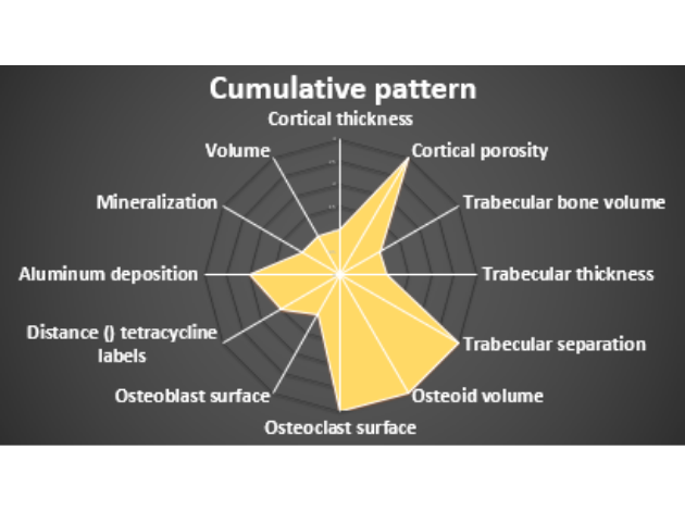 Figure 1: Radar plot for the cumulative pattern for bone biopsy variables. Reduced osteoblast and high osteoclast surface were characteristic in most of the cohort.