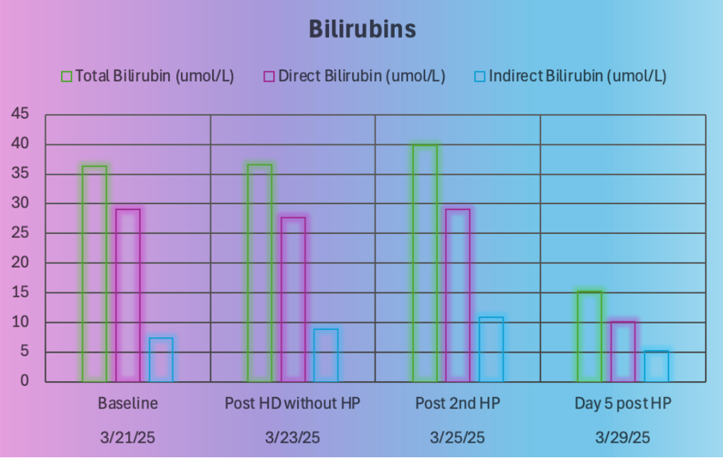 Figure 2. Bilirubins drop after the second hemoperfusion. HP, hemoperfusion.