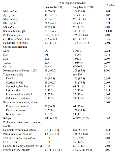 Clinical characteristics of IgAN patients with nephrotic-range proteinuria by anti-nephrin antibody status.