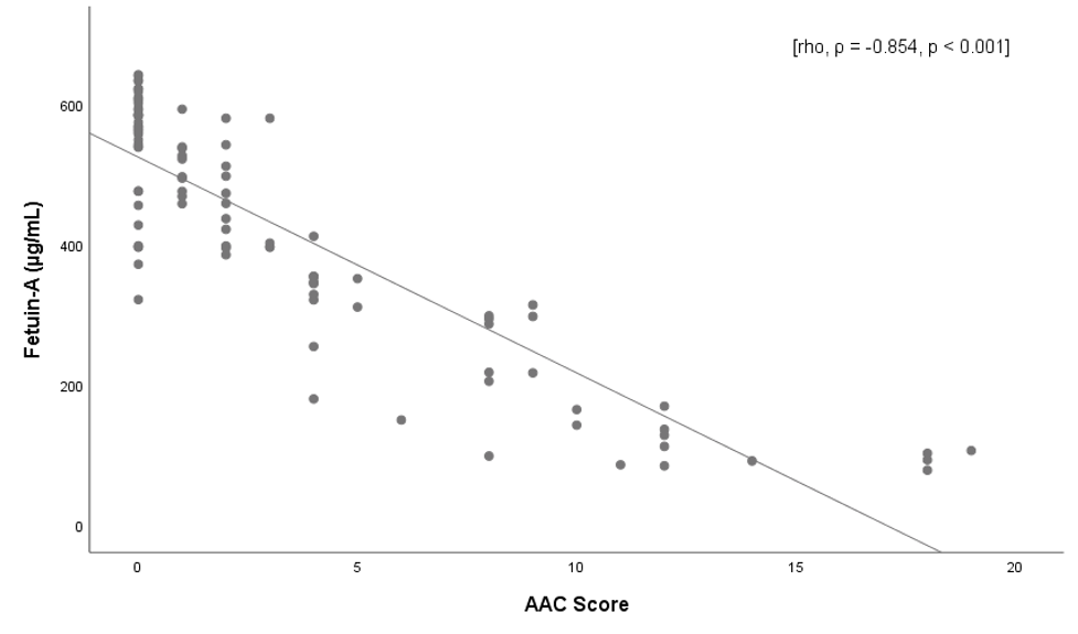 Figure (1) Relation between serum Fetuin-A and Abdominal Aortic Calcification score (AAC score) in people living with maintenance hemodialysis (n=96)
