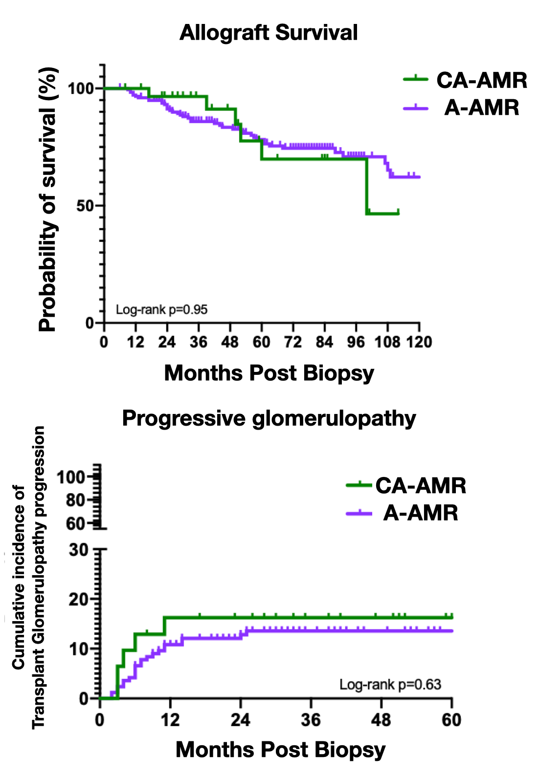 Figure A. Estimated death-censored overall allograft survival from follow-up visit by the Kaplan–Meier method according to transplant glomerulopathy (>cg1b) at diagnosis.  B. Cumulative incidence of the development or progression of kidney-transplant glomerulopathy during follow-up.