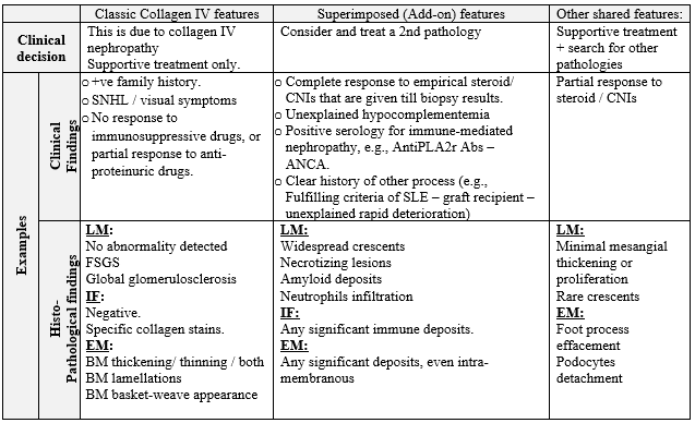 Table 3: Approach to manage cases with collagen IV nephropathy with a superimposed pathology. SNHL: sensory neural hearing loss, CNIs: calcineurin inhibitors, AntiPLA2r Abs: anti-phospholipase A2 receptor antibodies, ANCA: anti-neutrophil cytoplasmic antibodies, LM: light microscope, IF: immunofluorescence, BM: basement membrane.