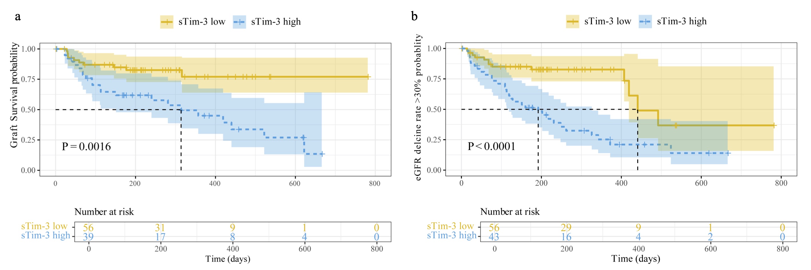 Kaplan-Meier survival curves for graft failure and eGFR decline rate >30 % in KTRs