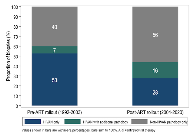 Figure 1. Stacked bar chart showing proportions of HIV-associated kidney pathology by time period