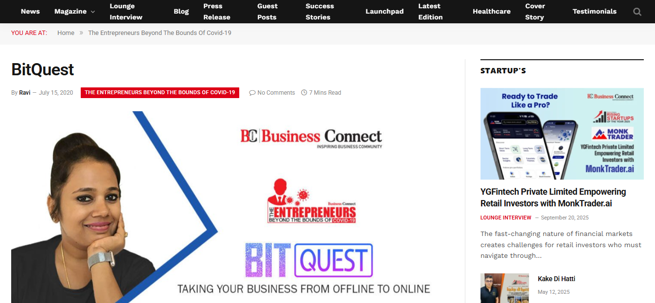 Featured in Business Connect Magazine for their edition on (The Entrepreneurs Beyond the Bounds of COVID-19)