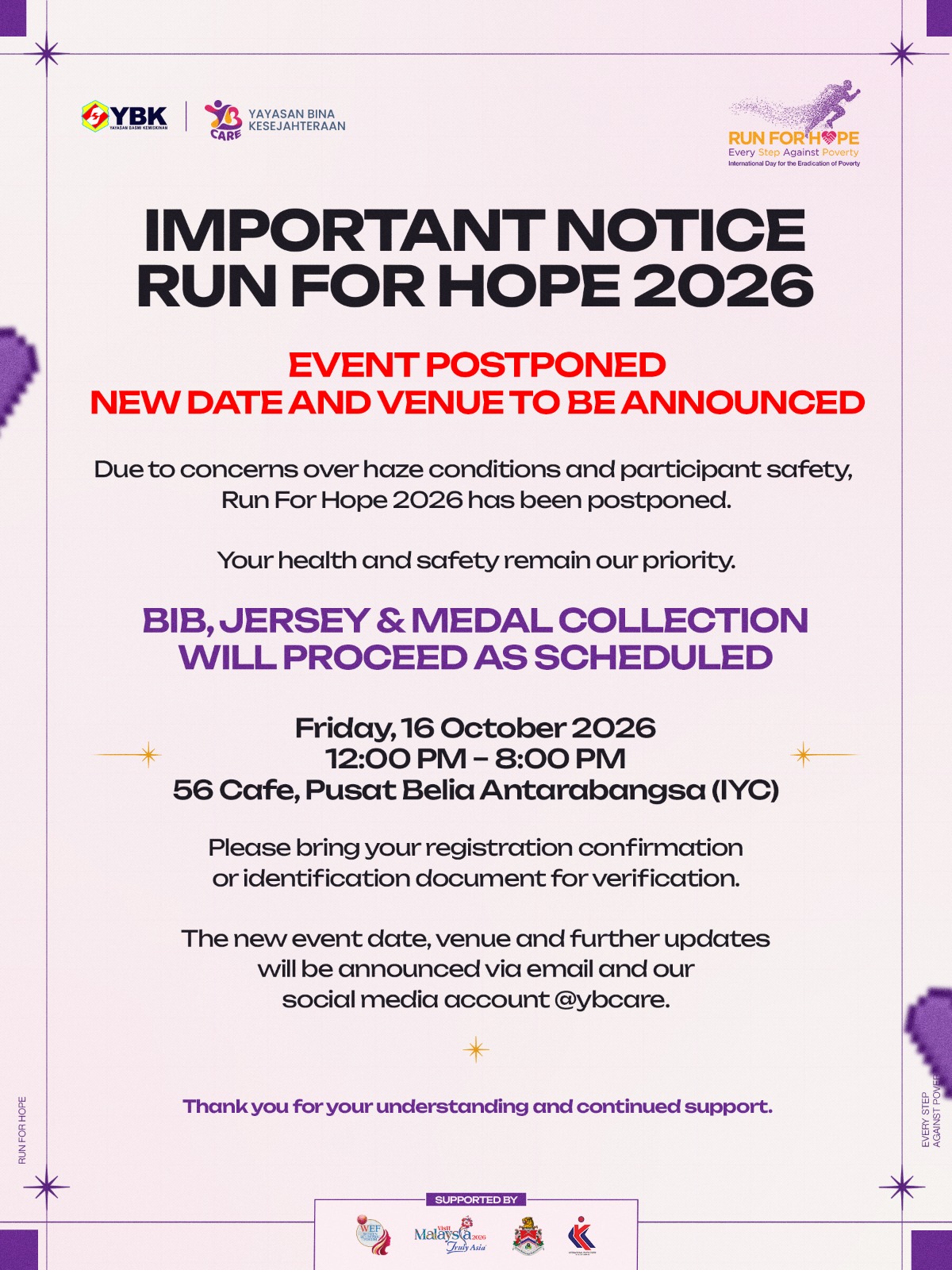Official Run for Hope 2026 postponement announcement poster