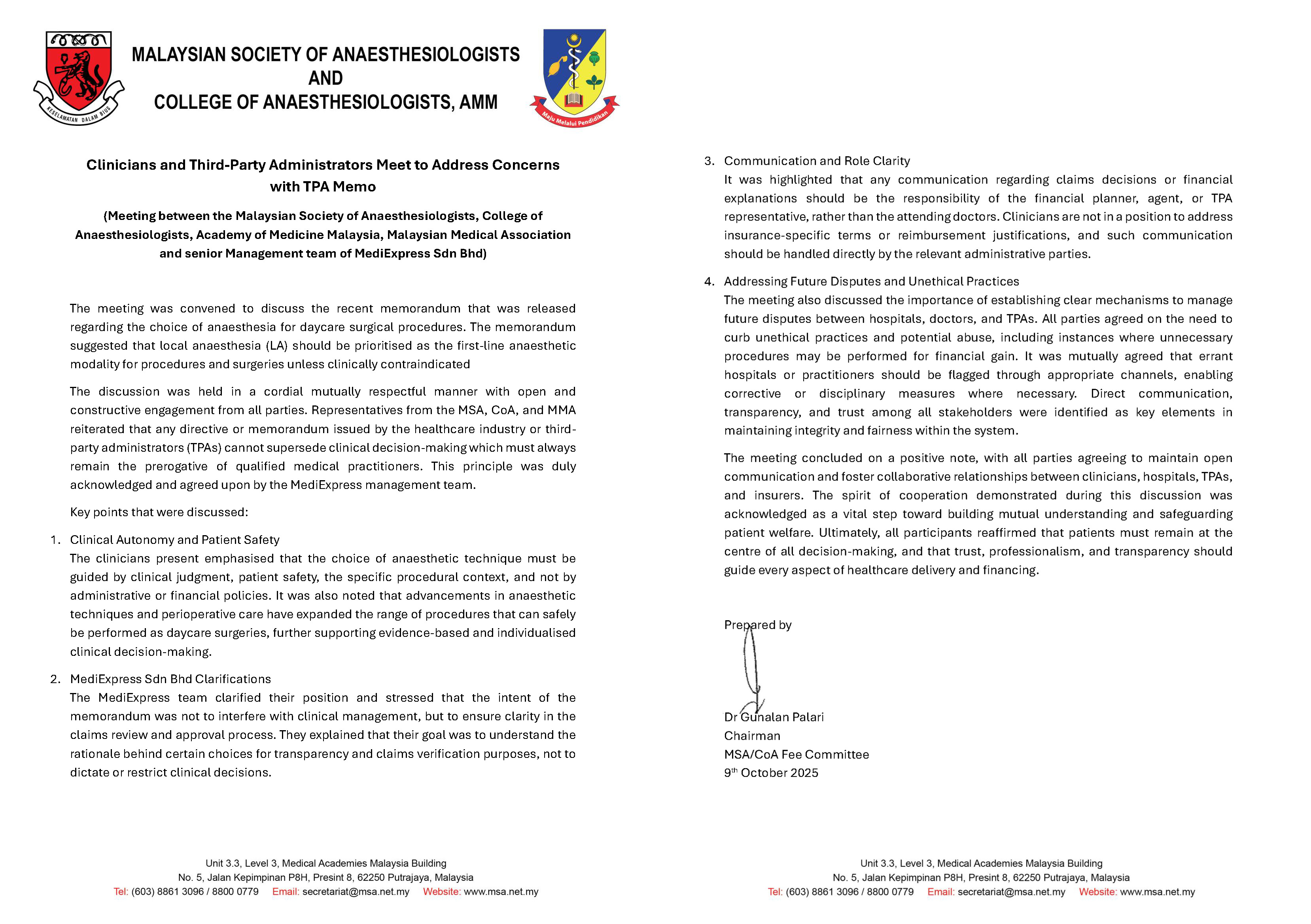 [MEMO] Meeting between the MSA, CoA, MMA and MediExpress 09102025