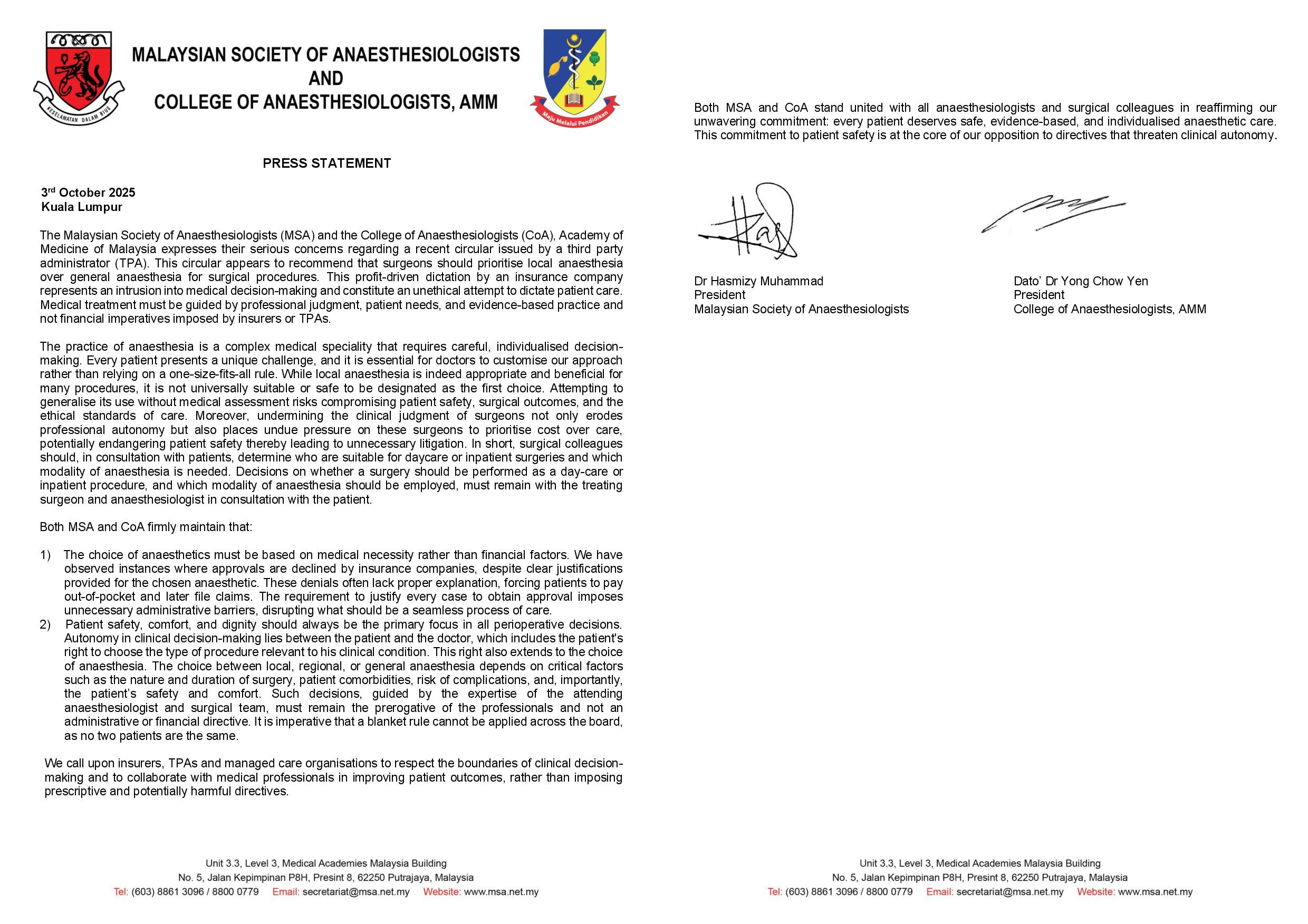 MSA-COA Statement on LAvsGA 03102025