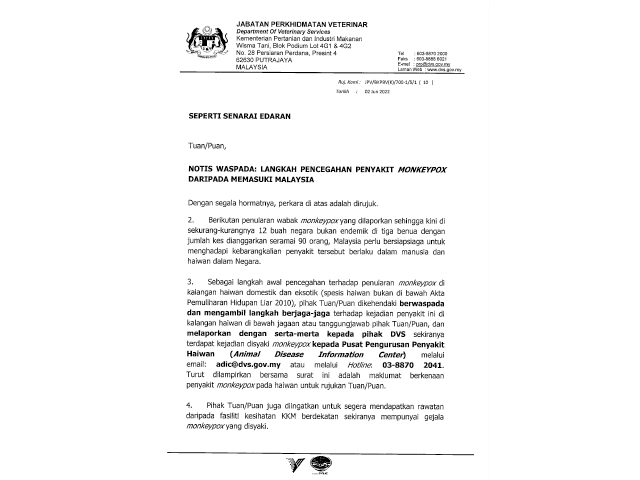 Surat Notis Waspada: Langkah Pencegahan Penyakit Monkeypox Daripada Memasuki Malaysia