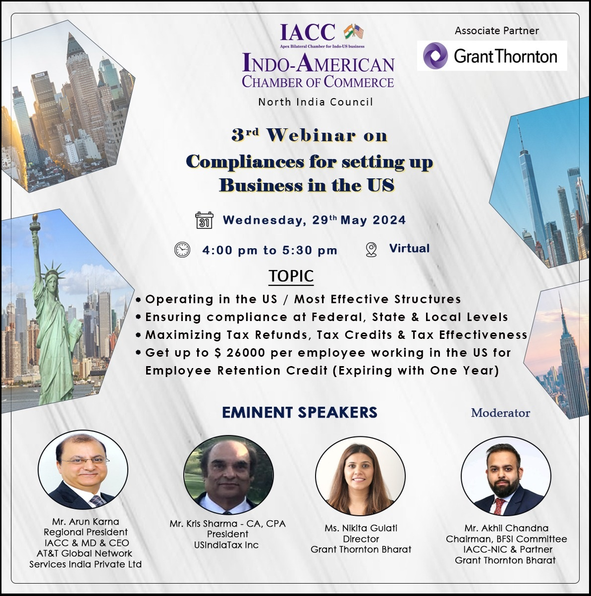Webinar on “Compliances for Setting up Business in the US” on 29.05.2024 from 4:00 pm to 5:30 pm (IST)