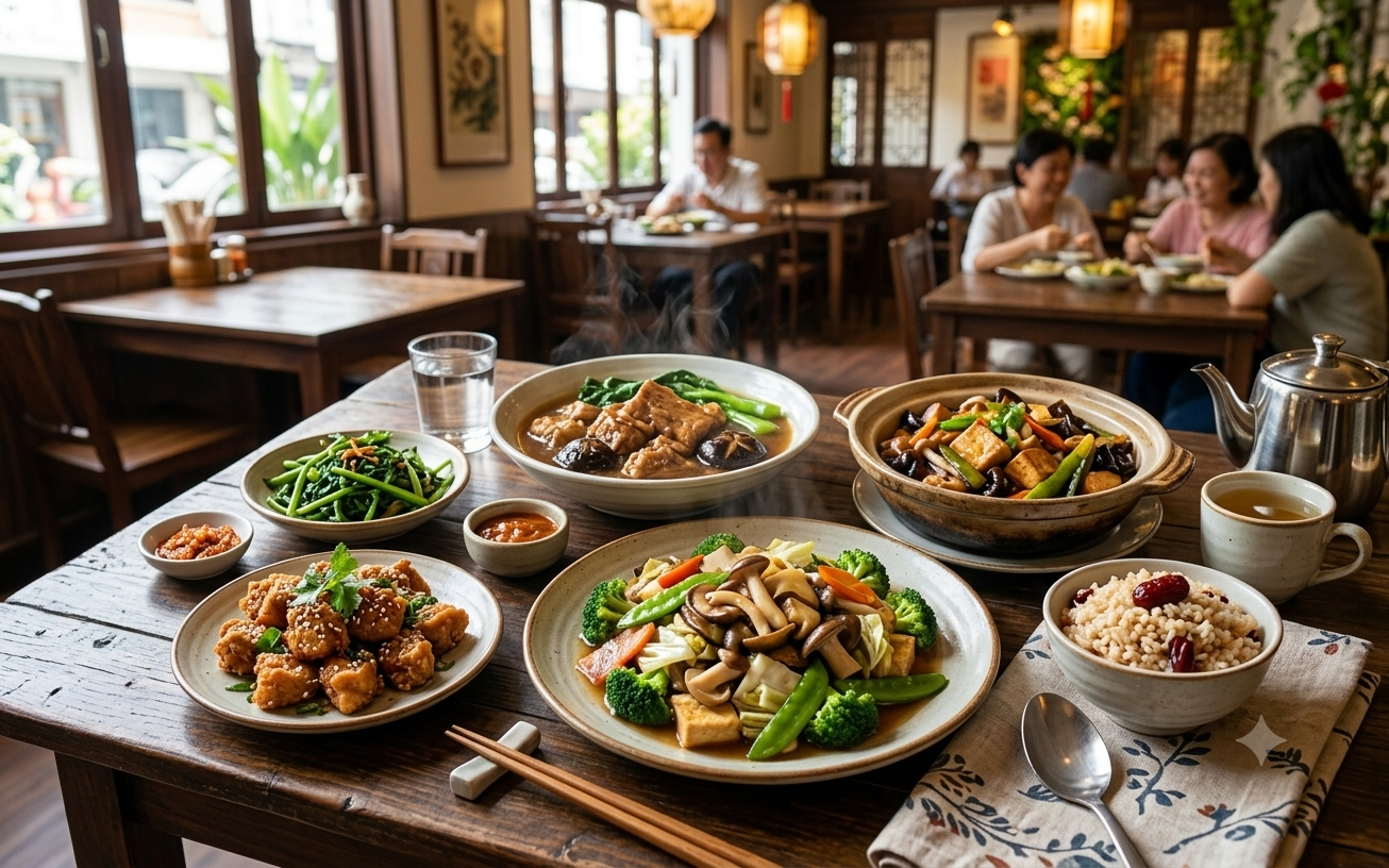 Chinese Buddhist vegetarian cuisine featuring tofu, mushrooms and vegetables.