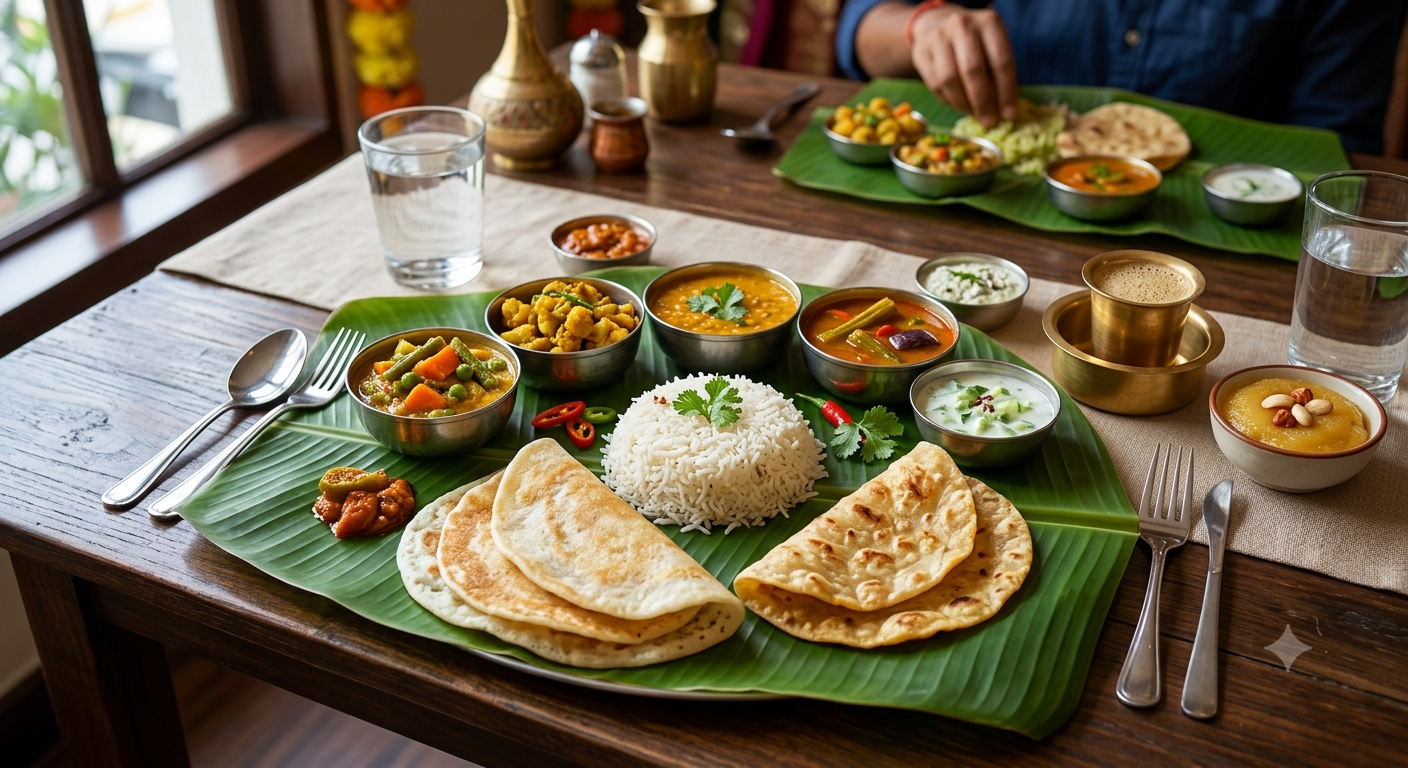 Traditional Indian vegetarian thali served at a Malaysian restaurant.